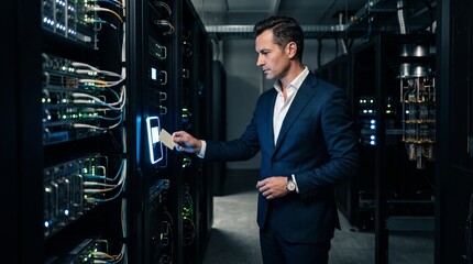 Fototapeta premium Businessman scanning security pass in dark server room data center