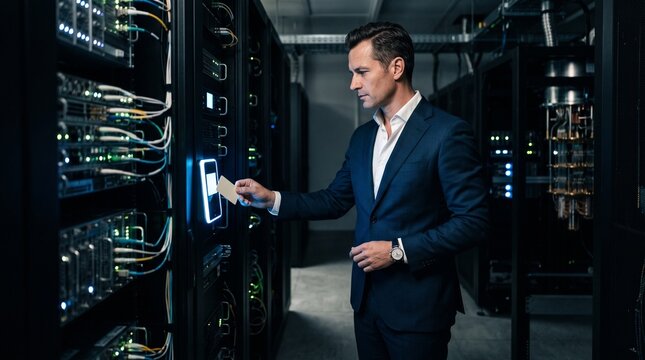 Businessman scanning security pass in dark server room data center