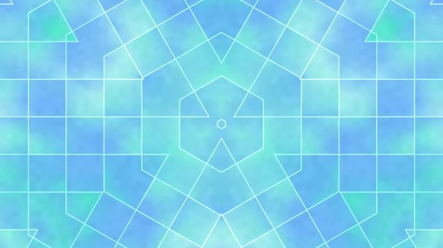Geometric pattern features intricate white linear grids layered over a soft, ethereal blue and turquoise gradient backdrop that creates a sense of digital symmetry.