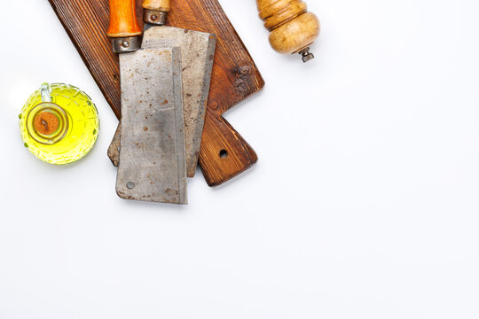 Meat cooking utensils on marble table