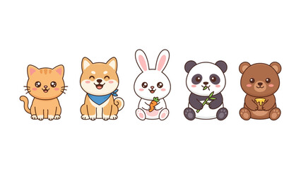 Cute Animal Friends: A delightful collection of kawaii-style animals, including a cat, Shiba Inu, rabbit, panda, and bear, are depicted with cheerful expressions, ready to bring joy. © Robaba