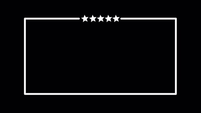 Five Star Customer Review Rating Animation with Line Drawing Frame Border on Transparent Background .Five Star Rating Animation .Animated Five Gold Stars Rating with Box Frame Reveal in 4K animation