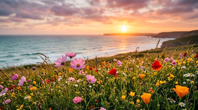 Colorful wildflowers blooming by the sea at golden sunset