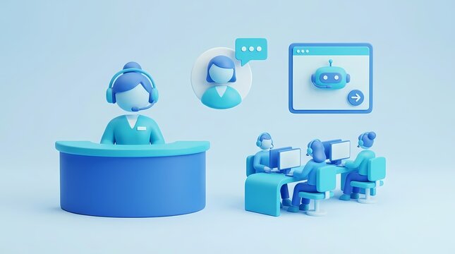 Customer service agents using headsets and computers to provide online support and assistance in a modern office environment.