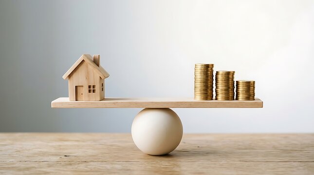 Wooden house model and coins on a balance scale