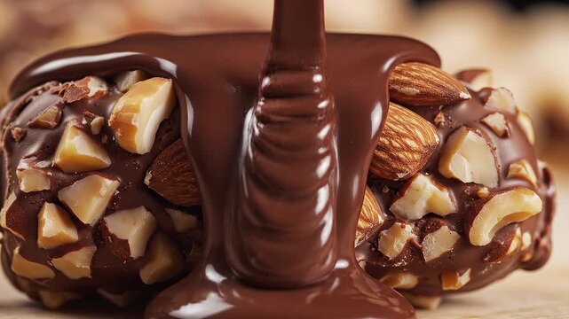 Liquid chocolate pouring over crunchy almond and nut bar