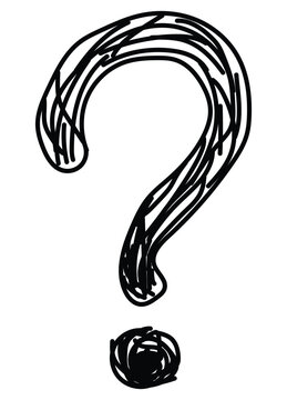 hand drawn question mark in scribbled ink. tangled sketch line punctuation symbol. doodle style query mark. black messy handwritten graphic
