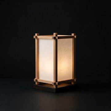 Japanese Andon Lantern: A tabletop Japanese Andon lantern with a minimalist geometric hinoki wood frame and translucent white washi paper, 