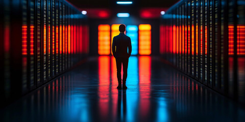 Fototapeta premium Silhouette of a person walking through a data center with colorful server racks emphasizing cybersecurity and enterprise breaches