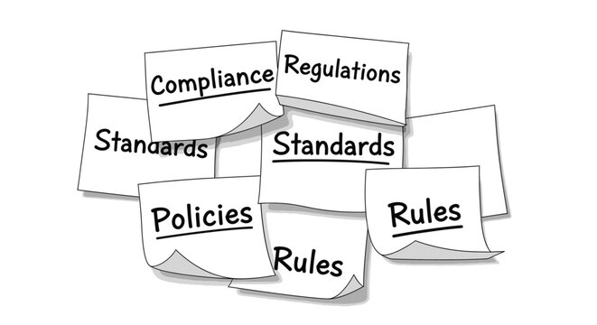 Black and white vector illustration of memo notes featuring compliance, regulations, standards, policies, and rules concepts. Perfect for business management and corporate governance themes.