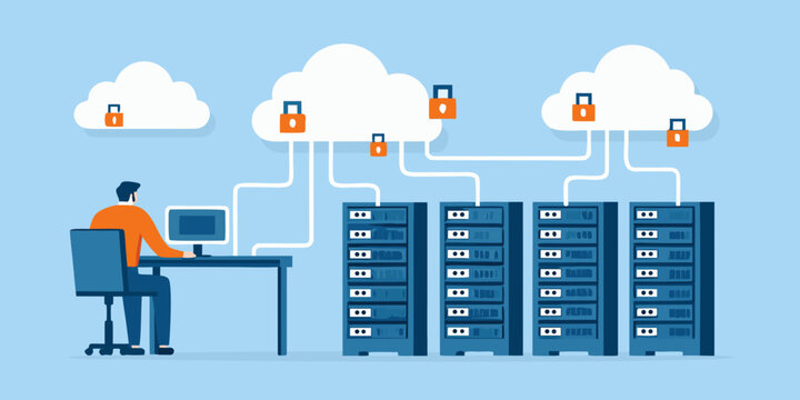 cloud security concept flat vector illustration server lock data protection network privacy computer workstation user technology internet encryption digital infrastructure information safety system