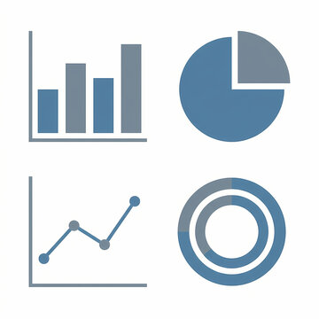 Business charts including a bar graph, pie chart, line graph, and ring diagram are set against a white background.