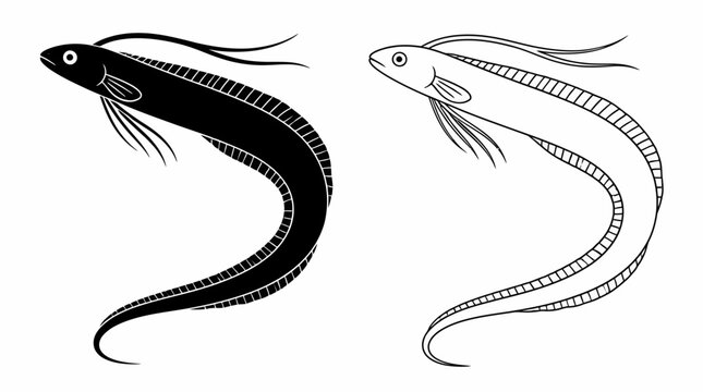 Oarfish silhouette and line art set, deep sea creature vector.