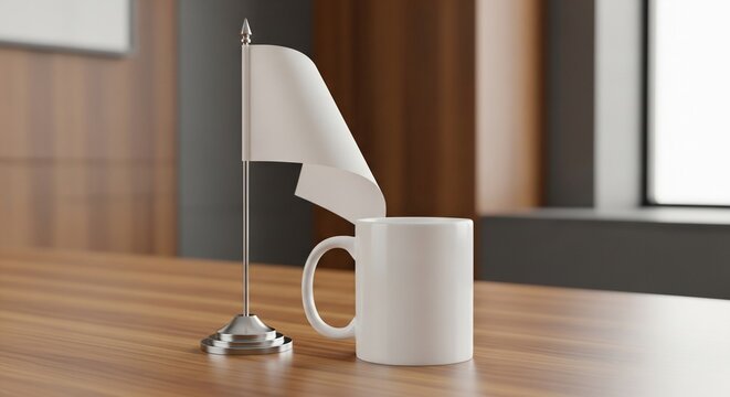 Blank white desk flag and coffee mug mockup on a wooden table
