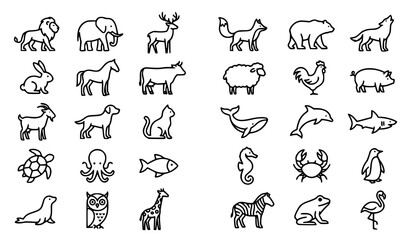 Fototapeta premium Modern minimalist animal icon set with wildlife farm and marine creature outline vectors for logo design isolated on white background
