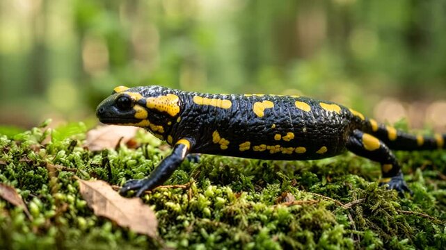fire salamander walking in black forest germany morning light video