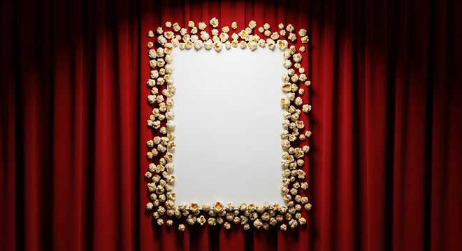 Blank white poster frame bordered with delicious popcorn on red theatre curtain