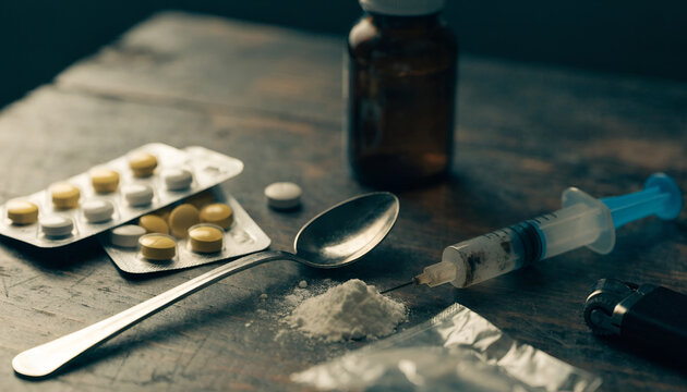 Concept of Drug Abuse Using White Powder, Pills, and Syringes