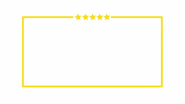Five Star Customer Review Rating Animation with Line Drawing Frame Border on Transparent Background .Five Star Rating Animation .Animated Five Gold Stars Rating with Box Frame Reveal in 4K animation