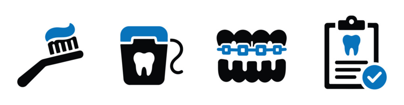 Dental Care and Orthodontics Icon Set. Toothbrush with toothpaste, dental floss container, teeth braces alignment, dental record clipboard checkmark vector icons