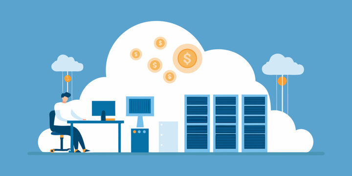 tech working on computer in cloud environment flat vector professional illustration server data center coins internet technology workplace networking software hardware digital infrastructure