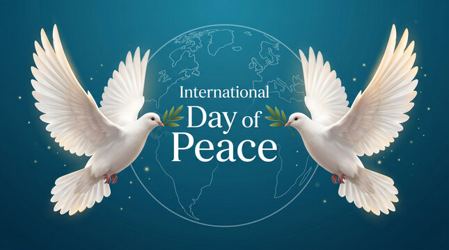 International day of peace poster with two white doves holding olive branches in front of a blue globe background