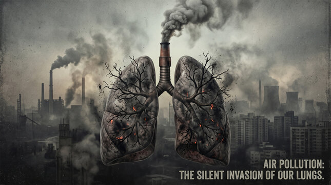 Conceptual illustration of human lungs shaped like dead trees with a factory chimney, symbolizing the impact of air pollution on respiratory health in an industrial city landscape