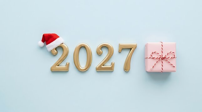 2027 gold numbers with a santa hat and a gift box