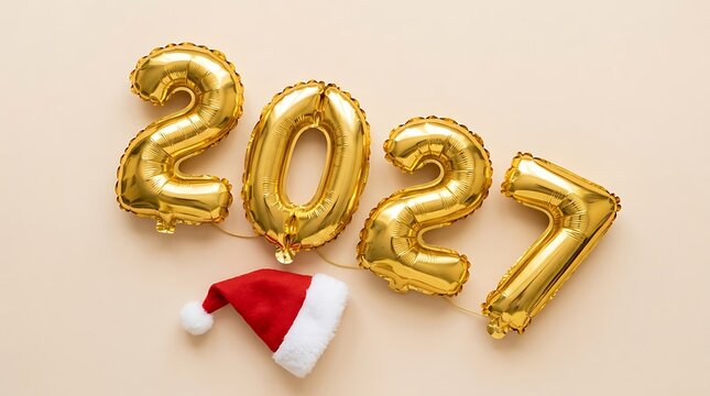 Gold 2021 balloons with a red santa claus hat for new year