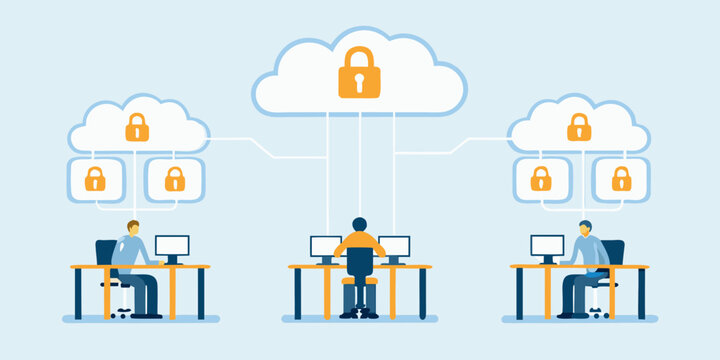 three remote workers at desks with cloud lock icons flat vector illustration people working computers networking security digital work teamwork collaboration online jobs