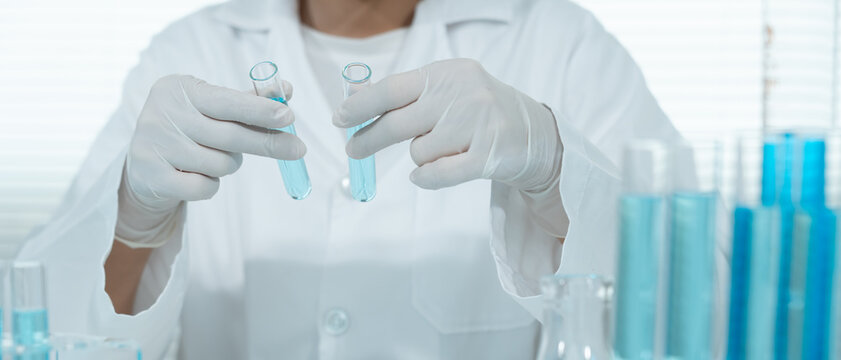 Scientist analyze biochemical sample in advanced scientific laboratory. Medical professional check chemical mix microbiological developmental of viral. Biotechnology research in science lab. cosmetic