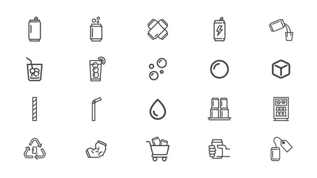 Collection of minimalist icons depicting everyday items and activities related to drinks beverages and lifestyle choices