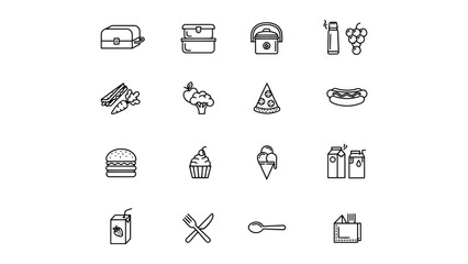 Fototapeta premium Collection of minimalist line icons representing various food items and kitchen essentials on transparent background