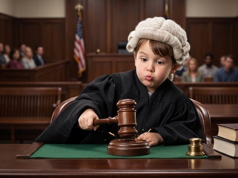 Small child wearing judge wig and robe using gavel in courtroom