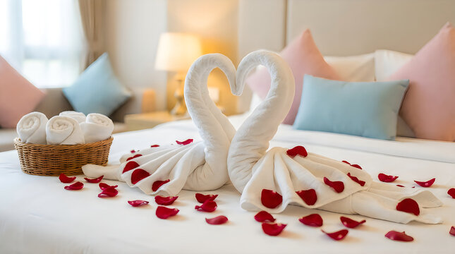 Romantic hotel bed decorated with towel swans and rose petals for wedding celebration
