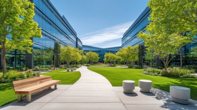 Modern corporate campus courtyard with lush green lawns and glass buildings under clear skies. Ideal for.