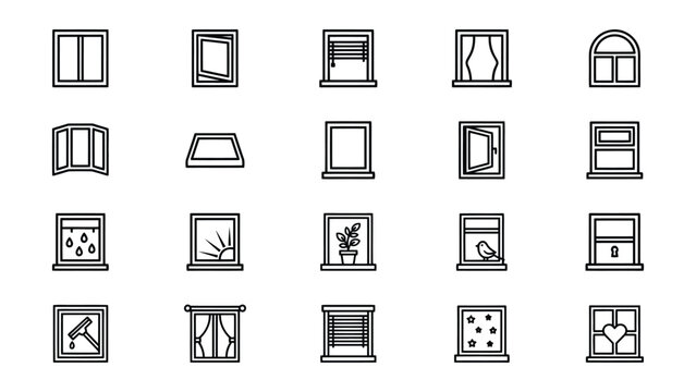 Various styles of windows and window designs with different shapes and decorative elements on transparent background