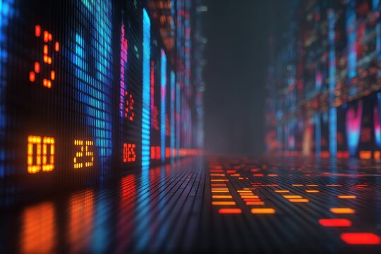 Abstract financial data stream with glowing red and blue numbers on servers. Global stock market tech concept.