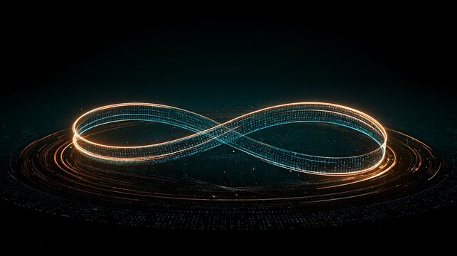 Digital infinity loop glowing with binary code. Symbolizes technological advancement and endless data connectivity.