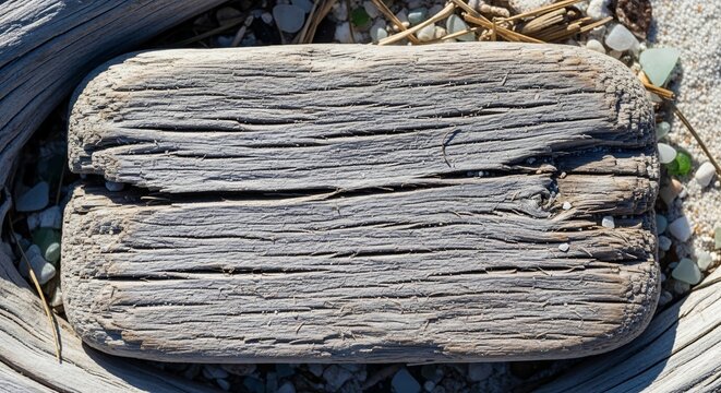 Weathered driftwood block resting on sandy beach with sea glass pebbles