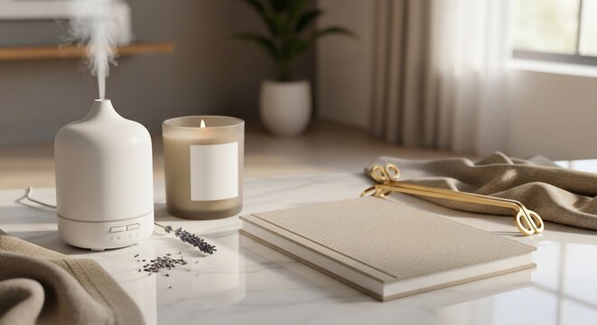 White aroma diffuser with candle and notebook on marble table