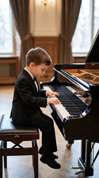 Little boy in elegant tuxedo playing classical music on grand piano