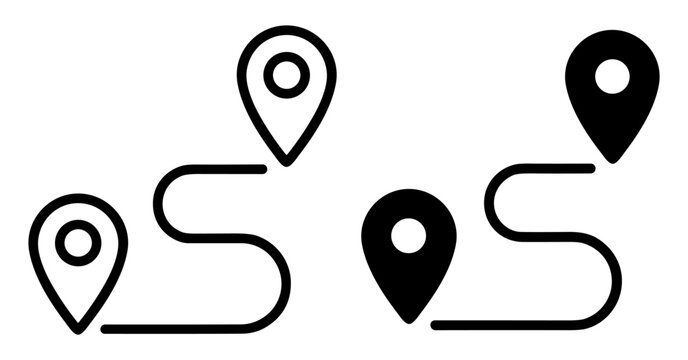 Vector icons of location pins connected by a curved route line in outline and solid styles on transparent background
