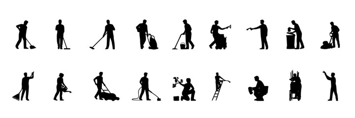 Naklejka premium Workers Performing Various Tasks in Black Silhouettes Featuring Worker, Task, Silhouette with White and Labor Elements for Job