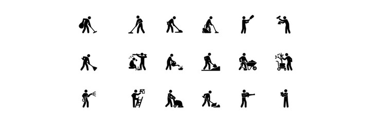 Obraz premium People Silhouettes Engaged in Various Activities Featuring Work, Labor, Gardening with Cleaning and Construction Elements