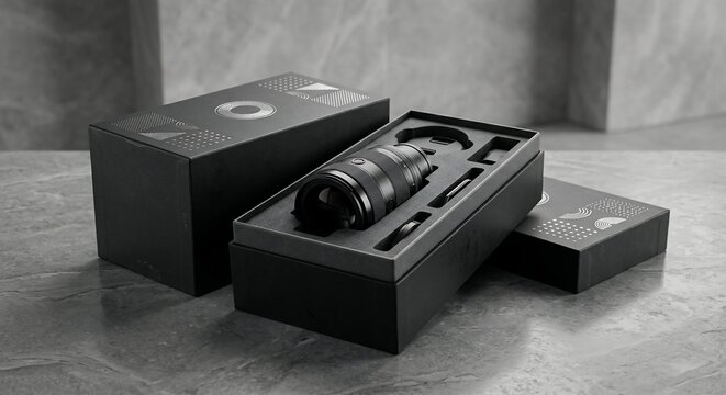 Professional camera lens inside a black luxury packaging box
