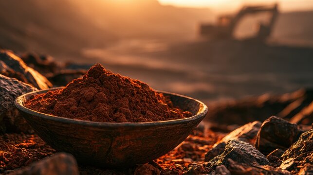 Bauxite ore dust in a bowl at an open-pit mine at sunset. Mining industry concept for industrial resources.