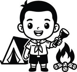 Cute boy scout holding a flashlight near a tent and campfire in black and white line artwork vector rendering.