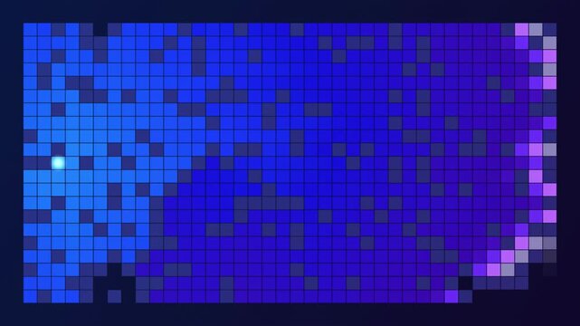 Abstract animated breadth-first graph traversal drawn as blue and cyan glowing lines and dots on a deep dark background. Clean minimal motion graphics element with free space around it, ideal for tech