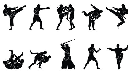 Martial arts silhouettes set, professional combat sports athletes in action poses, 10 vector icons of karate boxing and mma fighters © Shahzaib